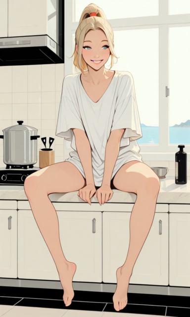 Young blonde woman sitting on kitchen counter wearing only a t-shirt