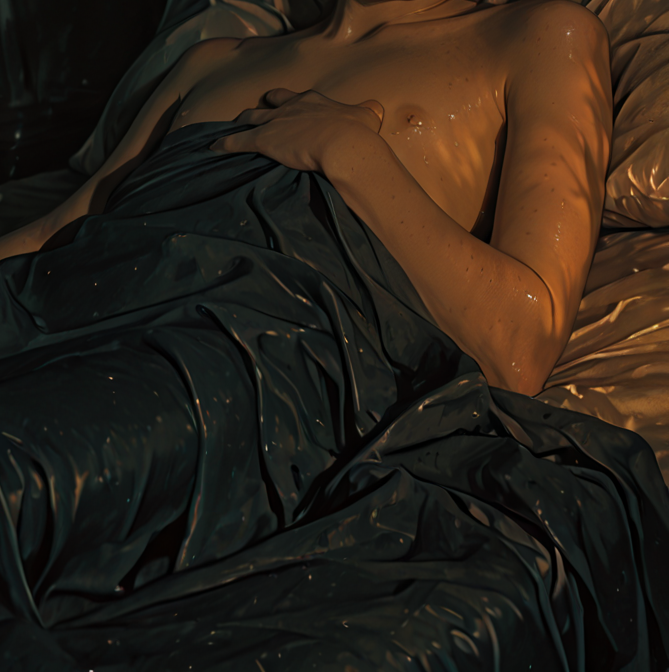 gooner-confession Bare chest and arm of a man laying in dark crumpled bedsheets in dim warm light
