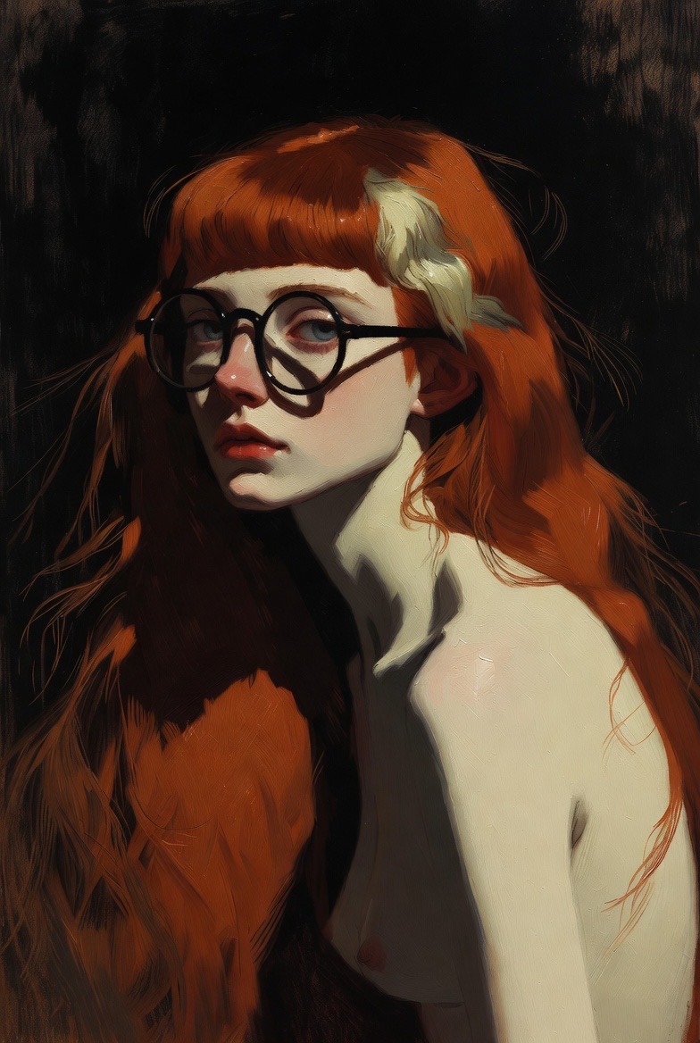 Portrait of a young woman with long reddish-orange hair, round black glasses, and bare shoulders looking over her shoulder against a dark background